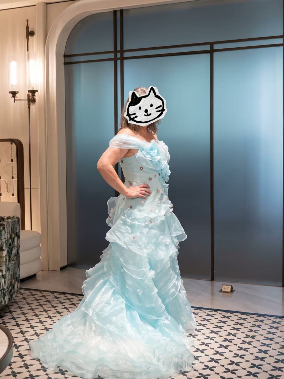 Customer photo review of Blue Tulle Evening Dress with Floral Appliqué and Layered Ruffle Ball Gown Plus Size
