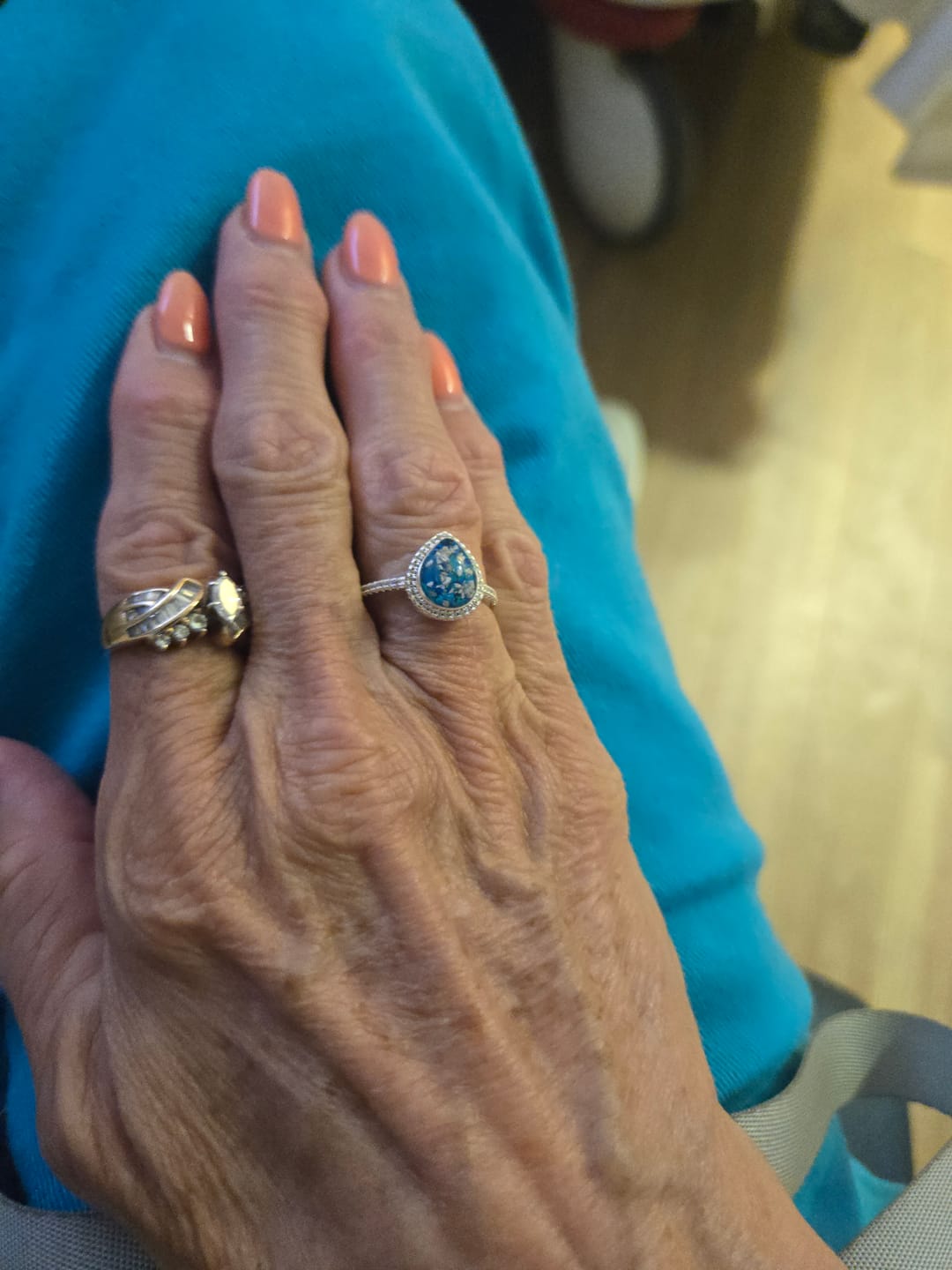 Customer photo review of Bedazzled Pear Opal Ring with Cremation Ashes