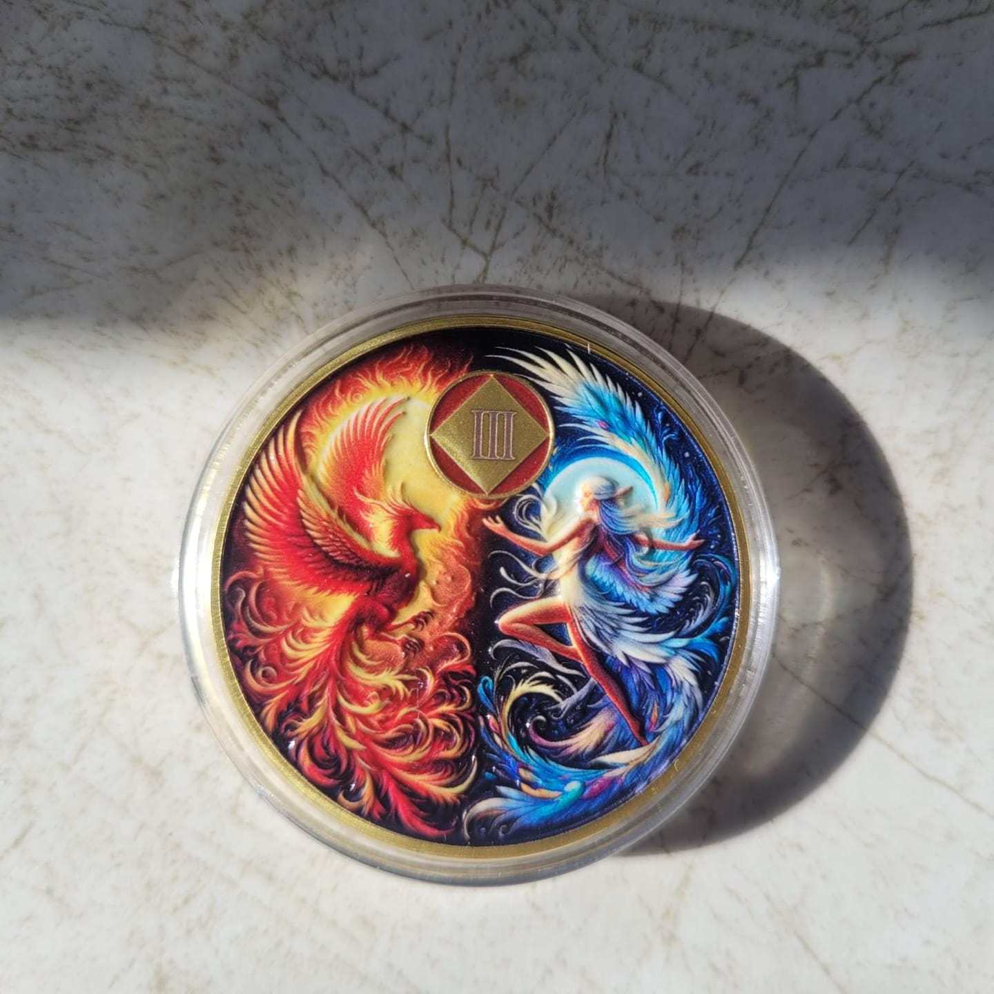 Customer photo review of Personalized Phoenix Fairy Sun and Moon NA Recovery Coin – Personalize Any Day, Month or Year
