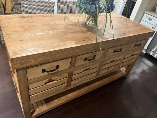 Customer photo review of Farmhouse Solid Wood Kitchen Island with Drawers, Butcher-Block Top & Slatted Shelf, Natural Pine