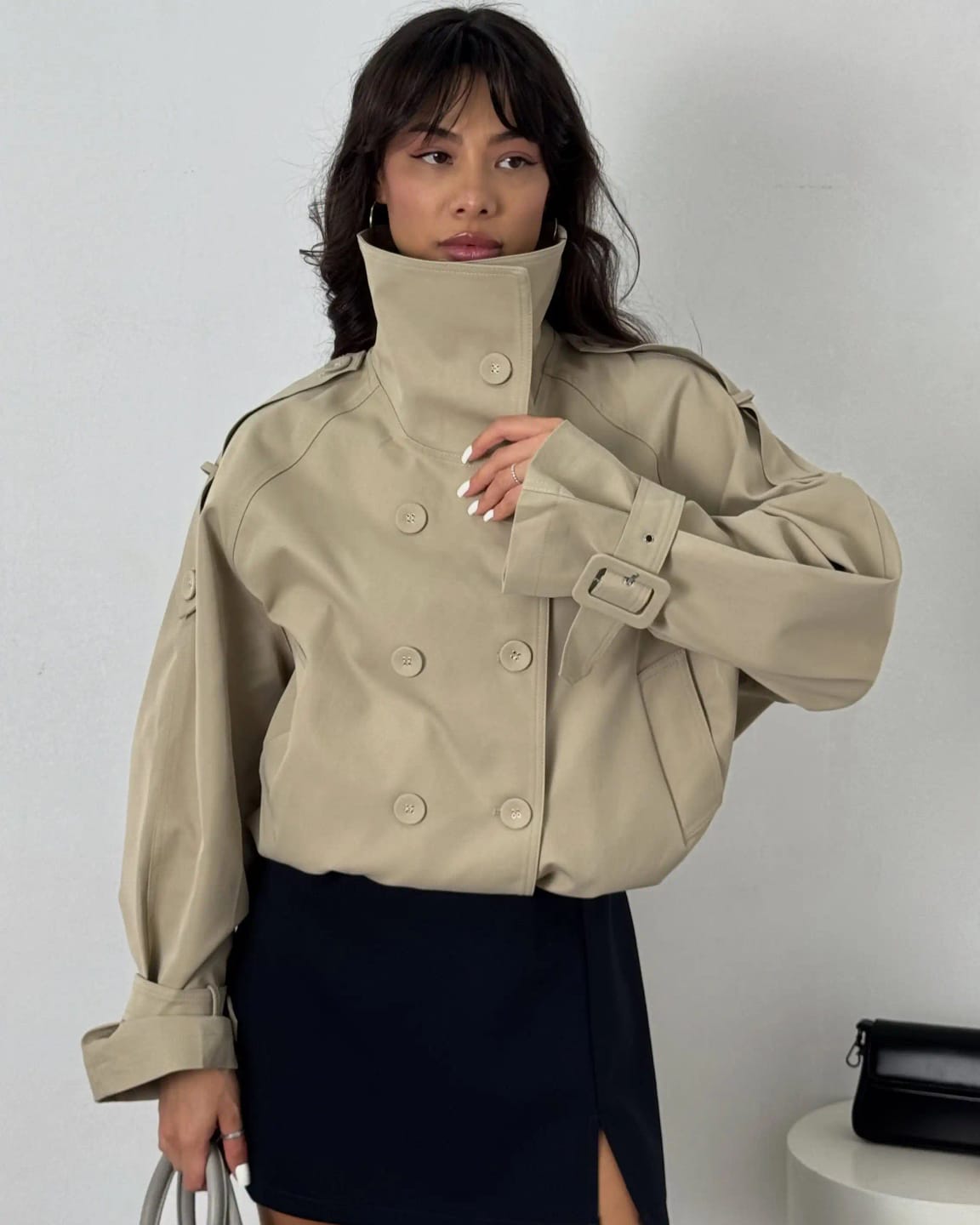 Customer photo review of Valerie High Funnel Neck Cropped Trench Jacket