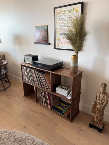 Customer photo review of Angled-Cubby Solid Wood Vinyl Record Bookcase, Walnut Low Record Storage Shelf, Mid-Century