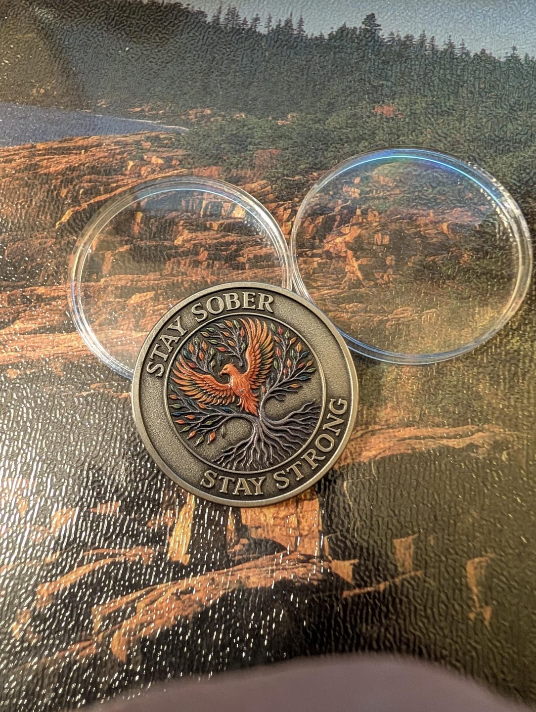 Customer photo review of Personalized Phoenix Tree of Life Sobriety Coin – Personalize Any Day, Month or Year