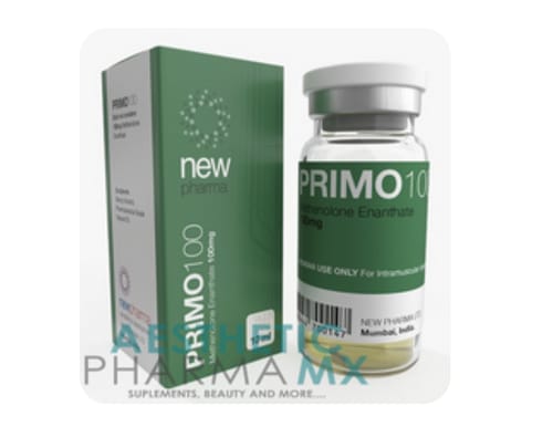 Customer's New Pharma Primobolan 100mg vial next to its green and white box.