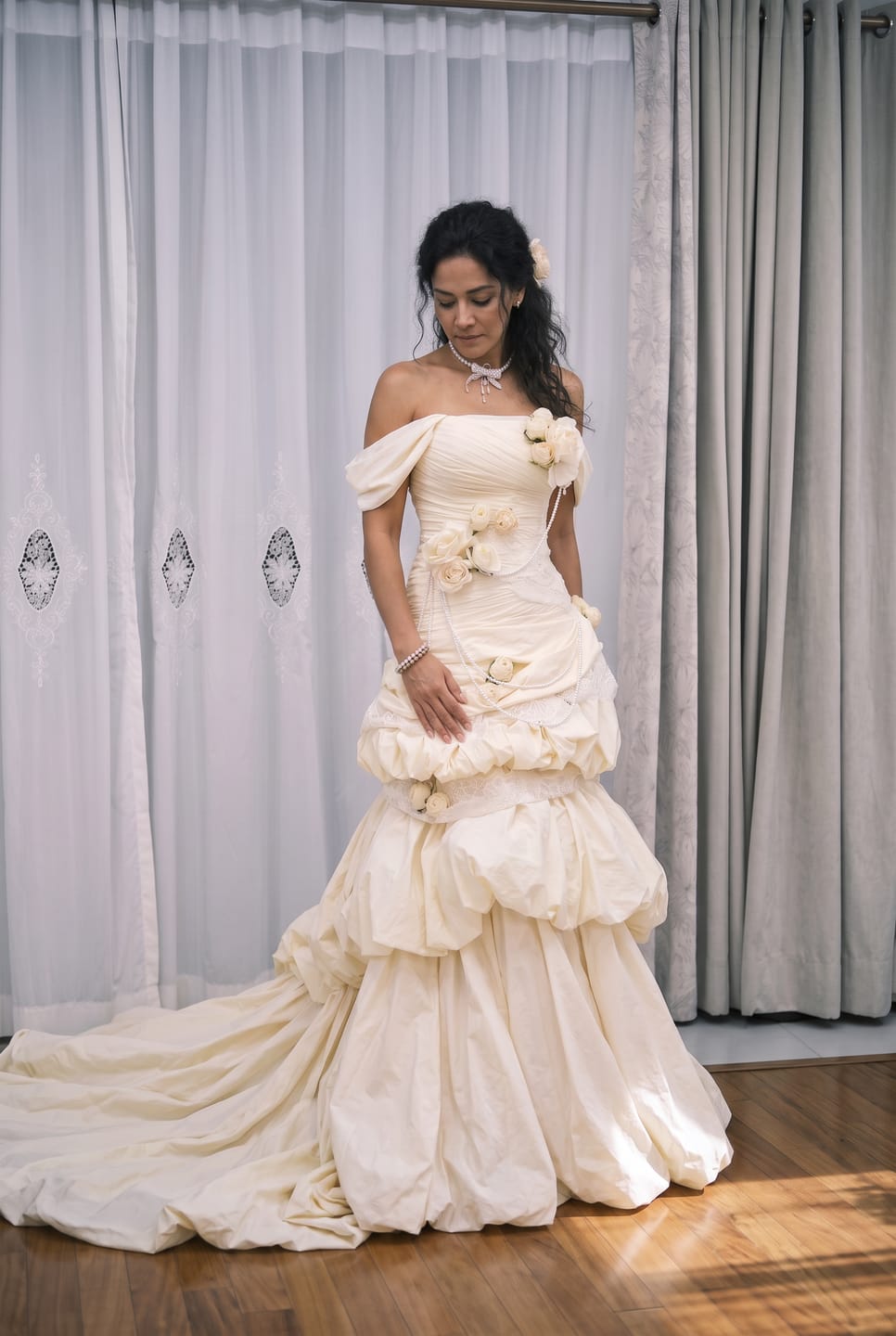 Customer photo review of Cream Fairytale Strapless Tiered Gown with Floral Appliqué – Floral Evening Dress with Corset Back and Pearl Details Plus Size