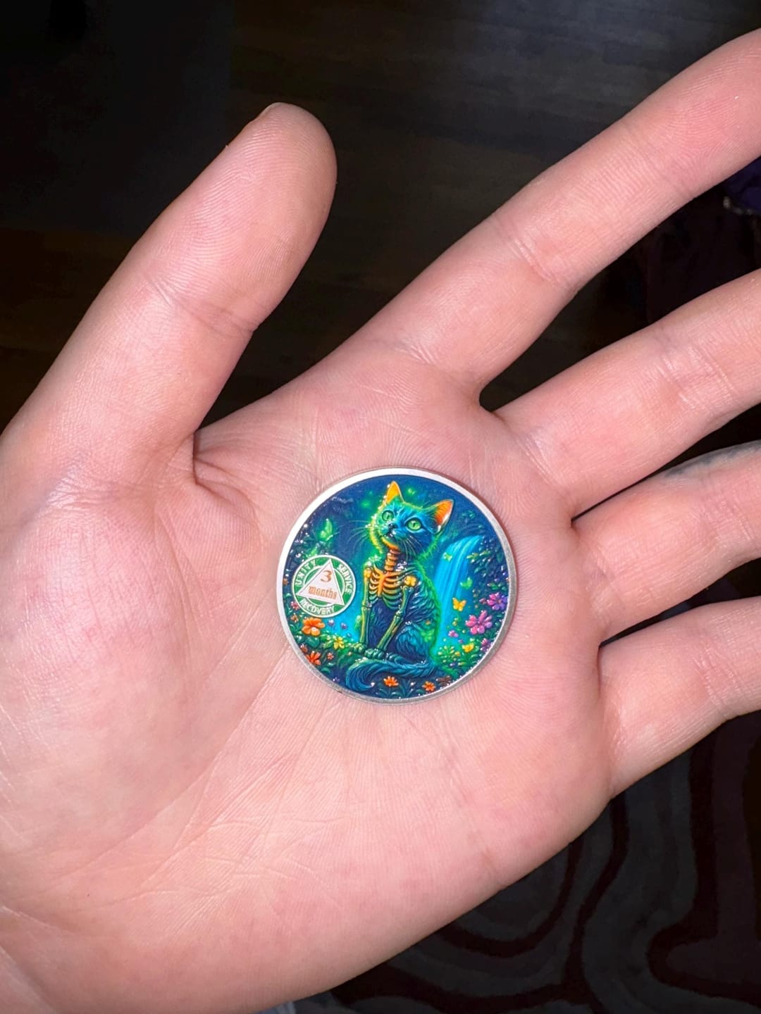 Customer photo review of Personalized Glow Forest Cat Sobriety Coin – Personalize Any Day, Month or Year