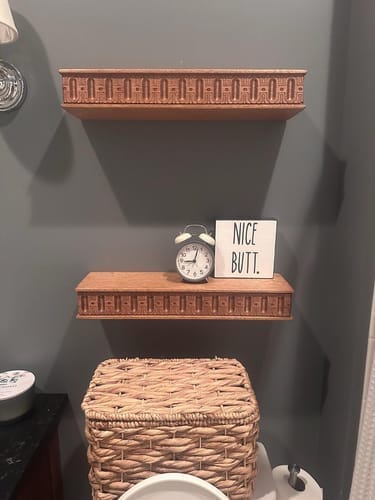 Customer photo review of Carved Greek-Key Floating Shelf, Solid Wood Boho Wall Shelf for Living Room, Hand-Carved Brown Decorative Ledge