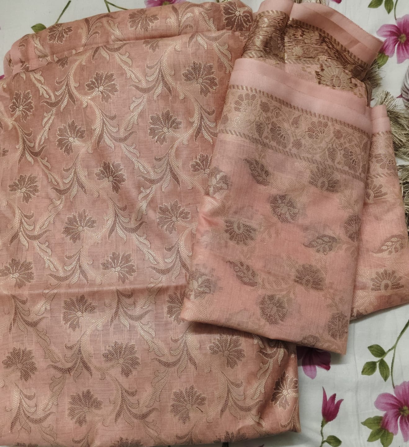 Customer photo review of Light Peach Surahi Jaal Cotton Silk Banarasi Suit