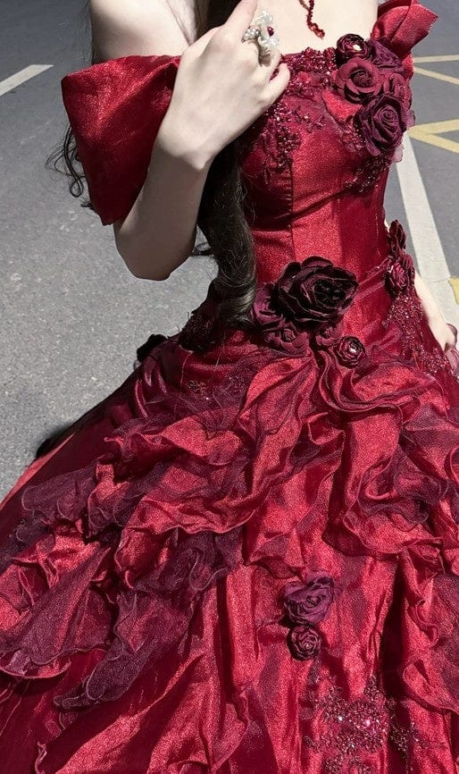 Customer photo review of Burgundy Strapless Layered Ruffle Dress with Floral Appliqué – Floral Evening Dress with Corset Back Plus Size