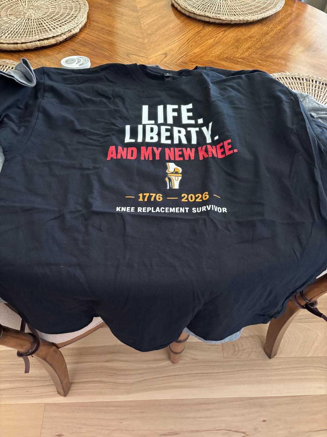 Customer photo review of Make My Knee Great Again T-Shirt