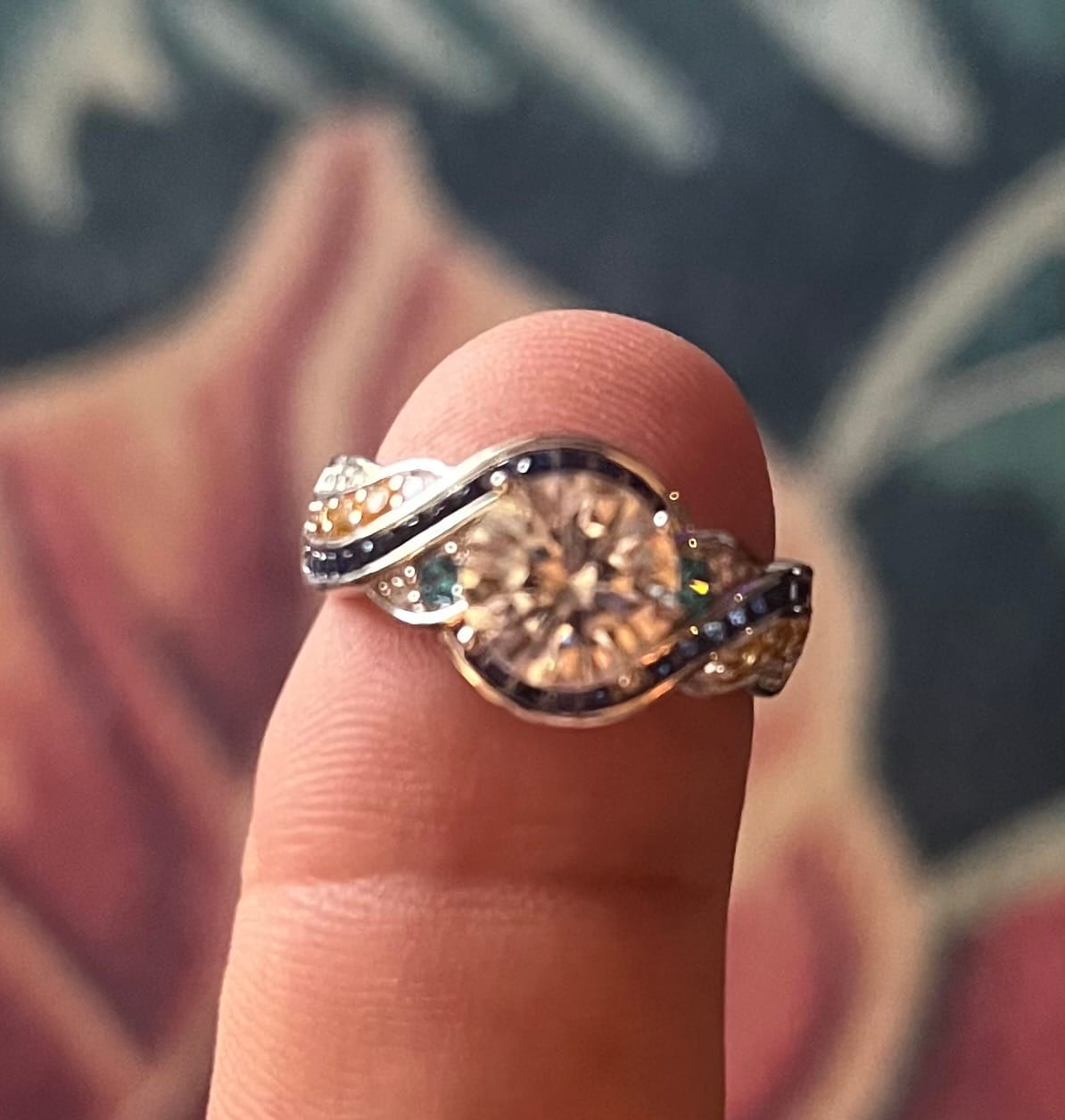 Customer photo review of Starry Night Moissanite Artistic Swirl Accent Engagement Ring