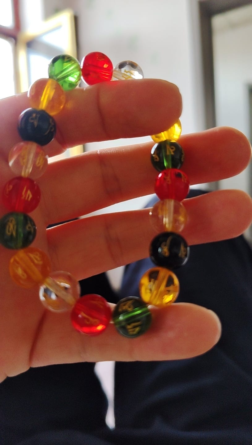 Customer photo review of FREE Today: Protection Harmony & Good Luck Om Mani Mantra Gold Foil Engraved Colorful Glaze Bracelet