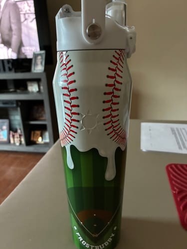Customer's Bottle Buddy baseball-themed water bottle with a white baseball design and green field pattern.