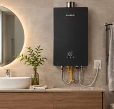 Customer photo review of 3.18 GPM Indoor Tankless Water Heater Propane with Wall Thimble, Black
