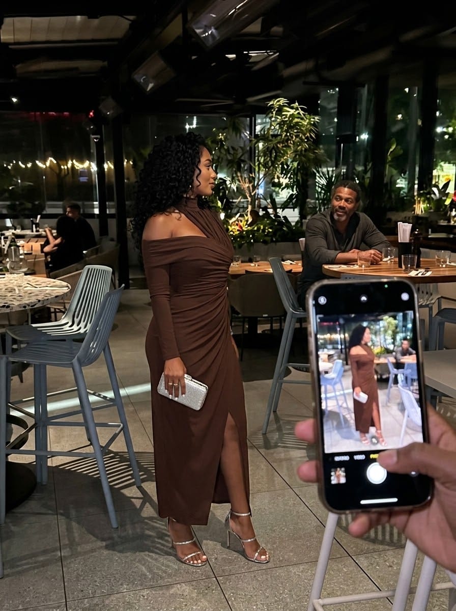 Customer photo review of Solid color One-shoulder Draped Asymmetrical Maxi Dress