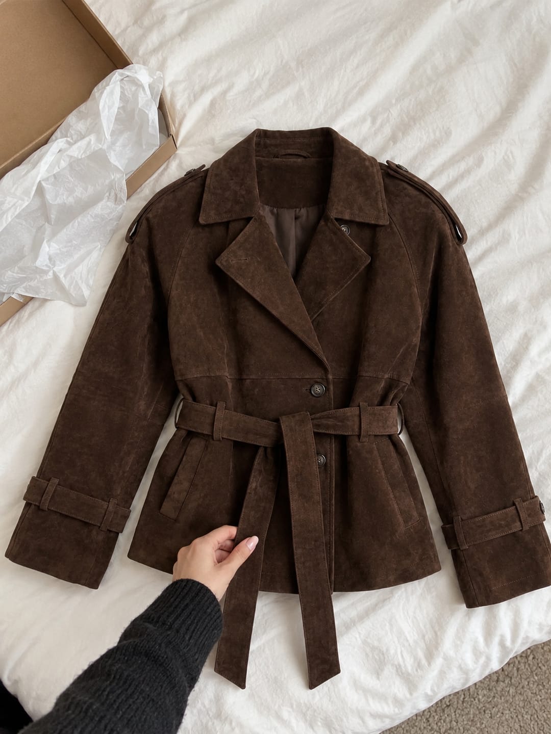 Customer photo review of Cropped Suede Trench Jacket