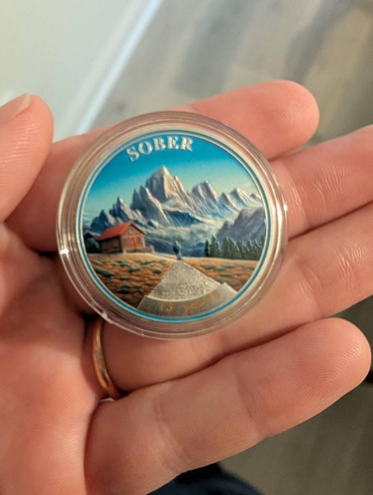 Customer photo review of Personalized Mountain Cabin Sobriety Coin – Personalize Any Day, Month or Year