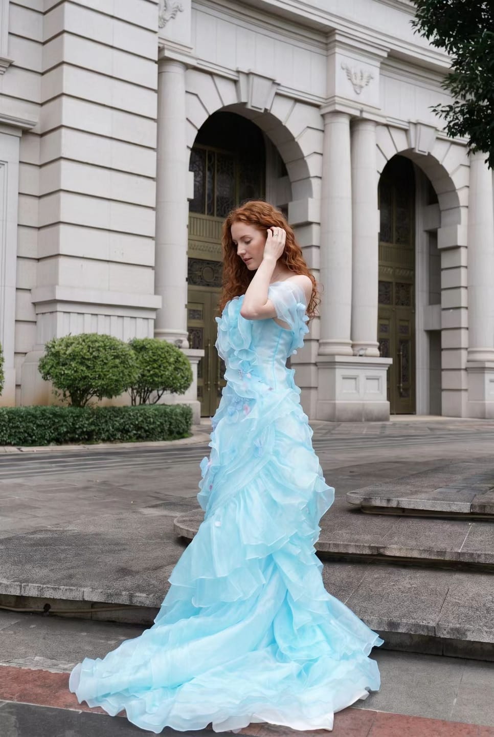 Customer photo review of Blue Tulle Evening Dress with Floral Appliqué and Layered Ruffle Ball Gown Plus Size