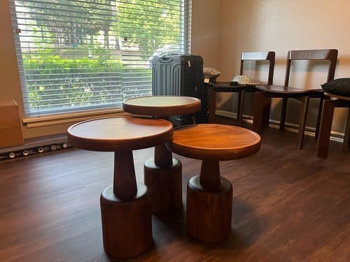 Customer photo review of Nesting Trio Pebble Tables, Mid-Century Walnut Solid Wood Nest of 3 Side and Coffee Tables