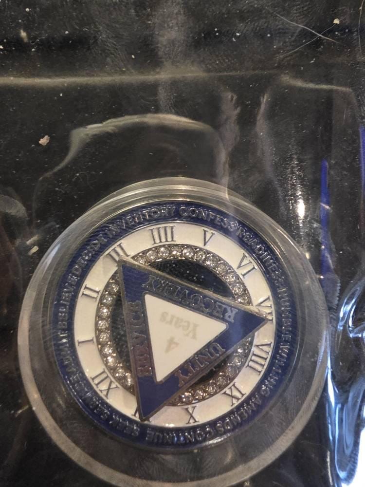 Customer photo review of Personalized Rotating Triangle 12 Steps Sobriety Coin – Personalize Any Day, Month or Year