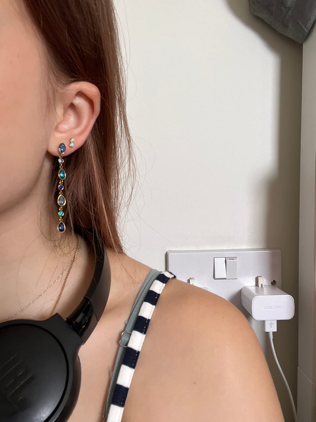 Customer photo review of Freya Gold Blue Droplet Statement Stud Earrings