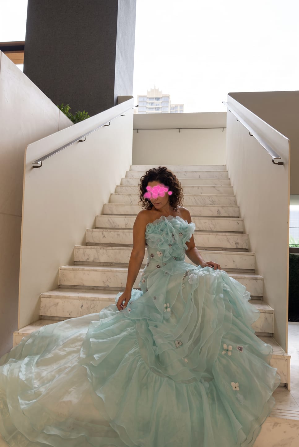 Customer photo review of Blue Tulle Evening Dress with Floral Appliqué and Layered Ruffle Ball Gown Plus Size