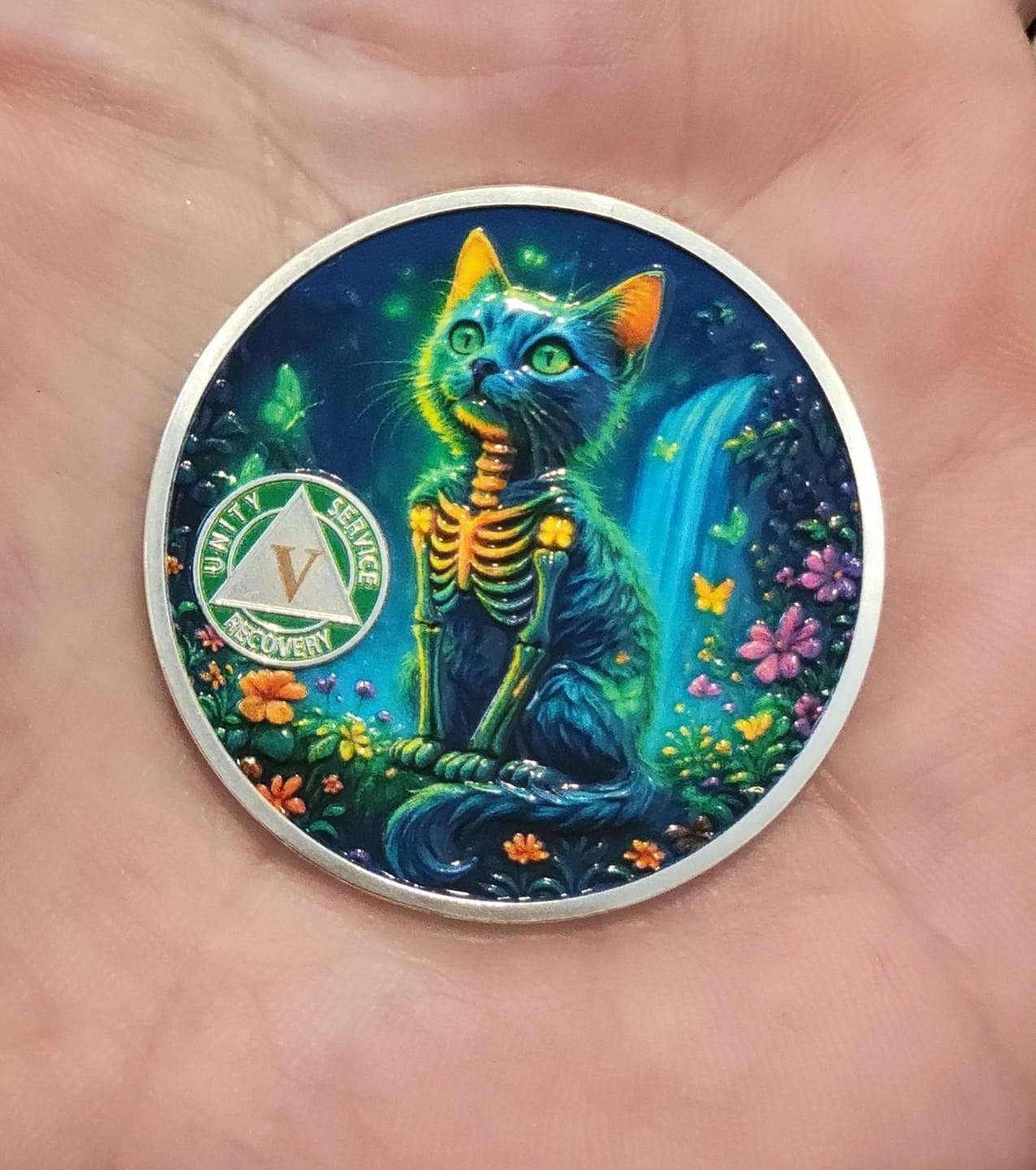 Customer photo review of Personalized Glow Forest Cat Sobriety Coin – Personalize Any Day, Month or Year