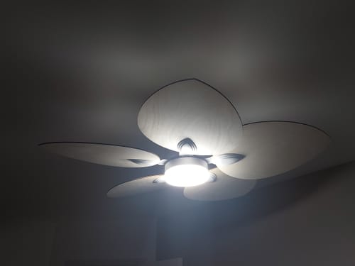 Customer's Dahlia ceiling fan with light installed on a ceiling, showing its wooden, petal-shaped blades.