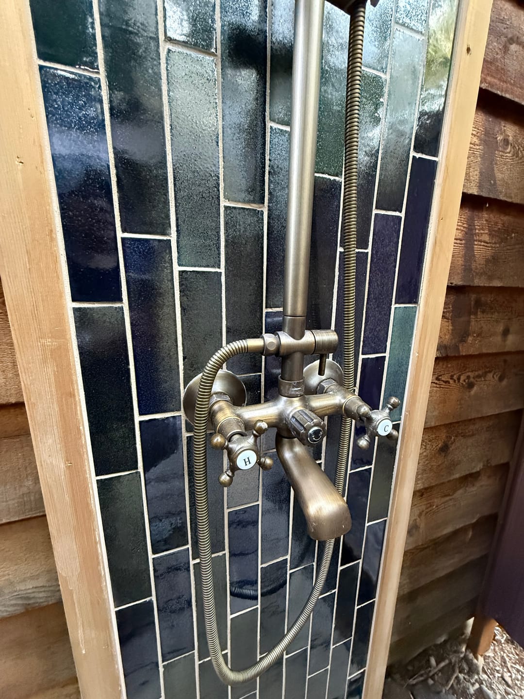 Customer photo review of 3-Function Antique Brass Outdoor Shower with Rainfall Head, Handheld Sprayer & Lower Spout