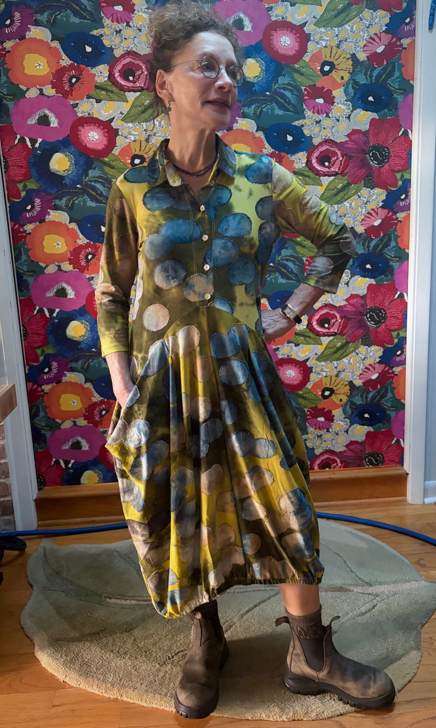 Customer photo review of Meadowlark Draped Pockets Dress, Gold/Ocean Dots