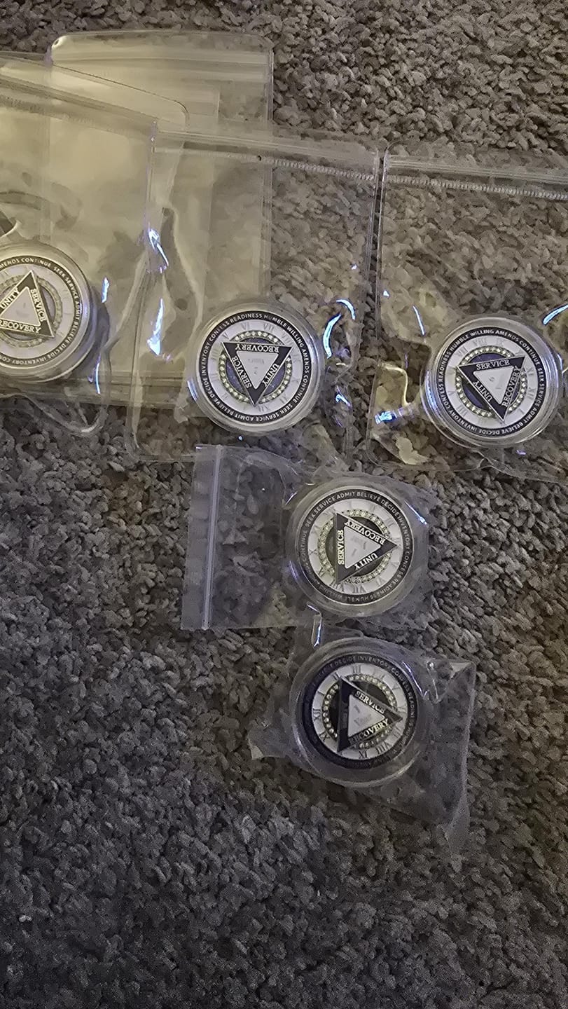 Customer photo review of Personalized Rotating Triangle 12 Steps Sobriety Coin – Personalize Any Day, Month or Year