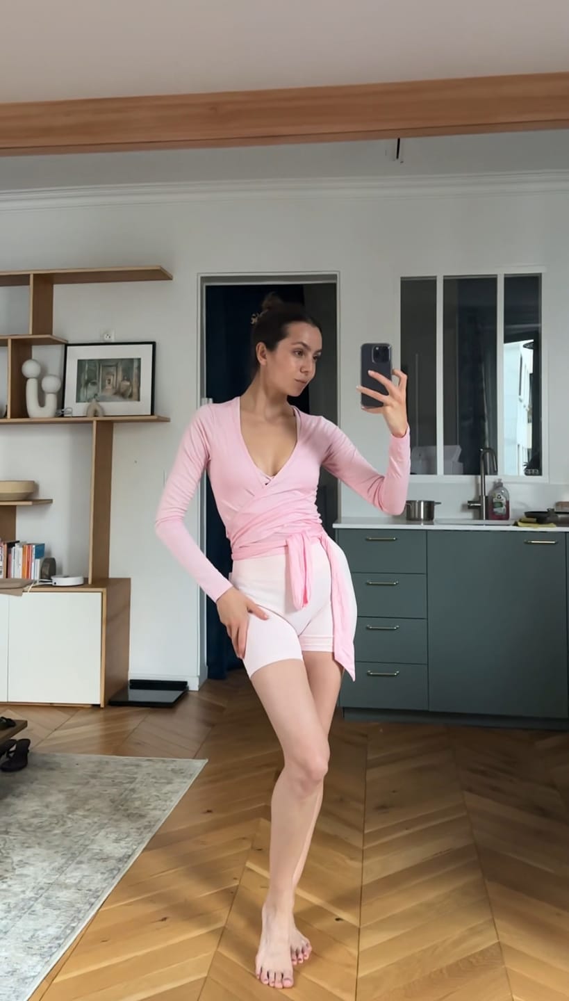Customer photo review of Ballet Wrap Top – Blush Pink