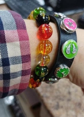 Customer photo review of FREE Today: Protection Harmony & Good Luck Om Mani Mantra Gold Foil Engraved Colorful Glaze Bracelet