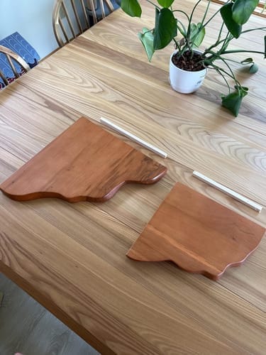 Customer photo review of Natural-Edge Corner Shelf Duo, Solid Wood Walnut, Live Wavy Front, Two Floating Wall Tiers