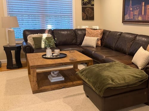 Customer photo review of Reclaimed Chestnut Coffee Table with Open Shelf, Chunky Rustic Solid Wood Living Room Storage Table