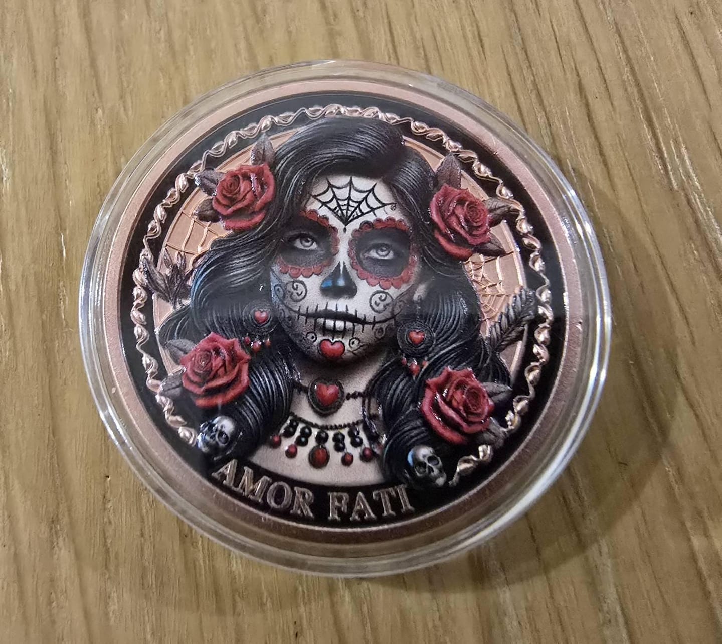 Customer photo review of Amor Fati Day of The Dead Inspired Daily Stoic Reminder Memento Challenge Coin
