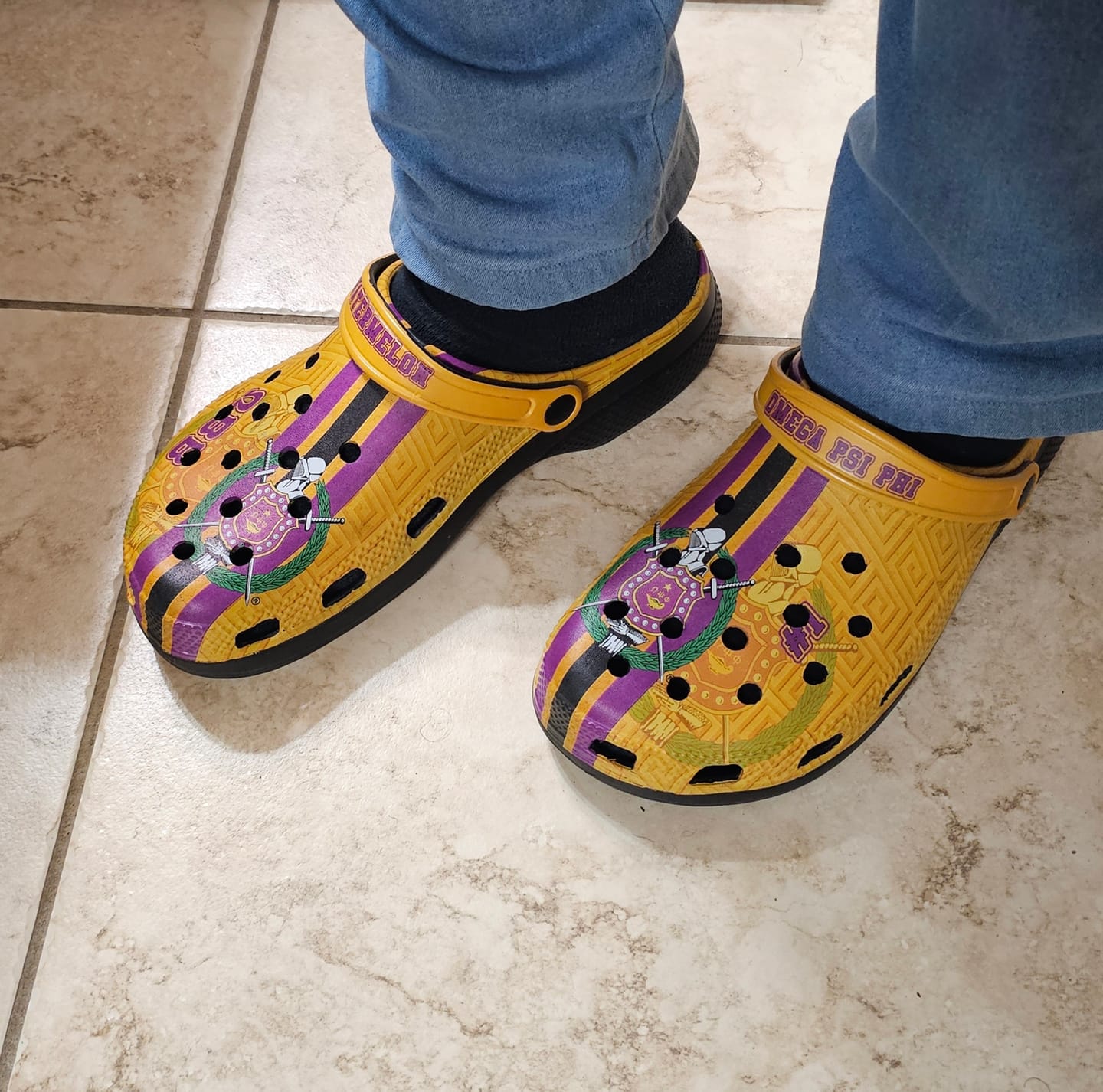 Customer photo review of Personalized Omega Psi Phi Clog Shoes Yellow Heritage Crest Style
