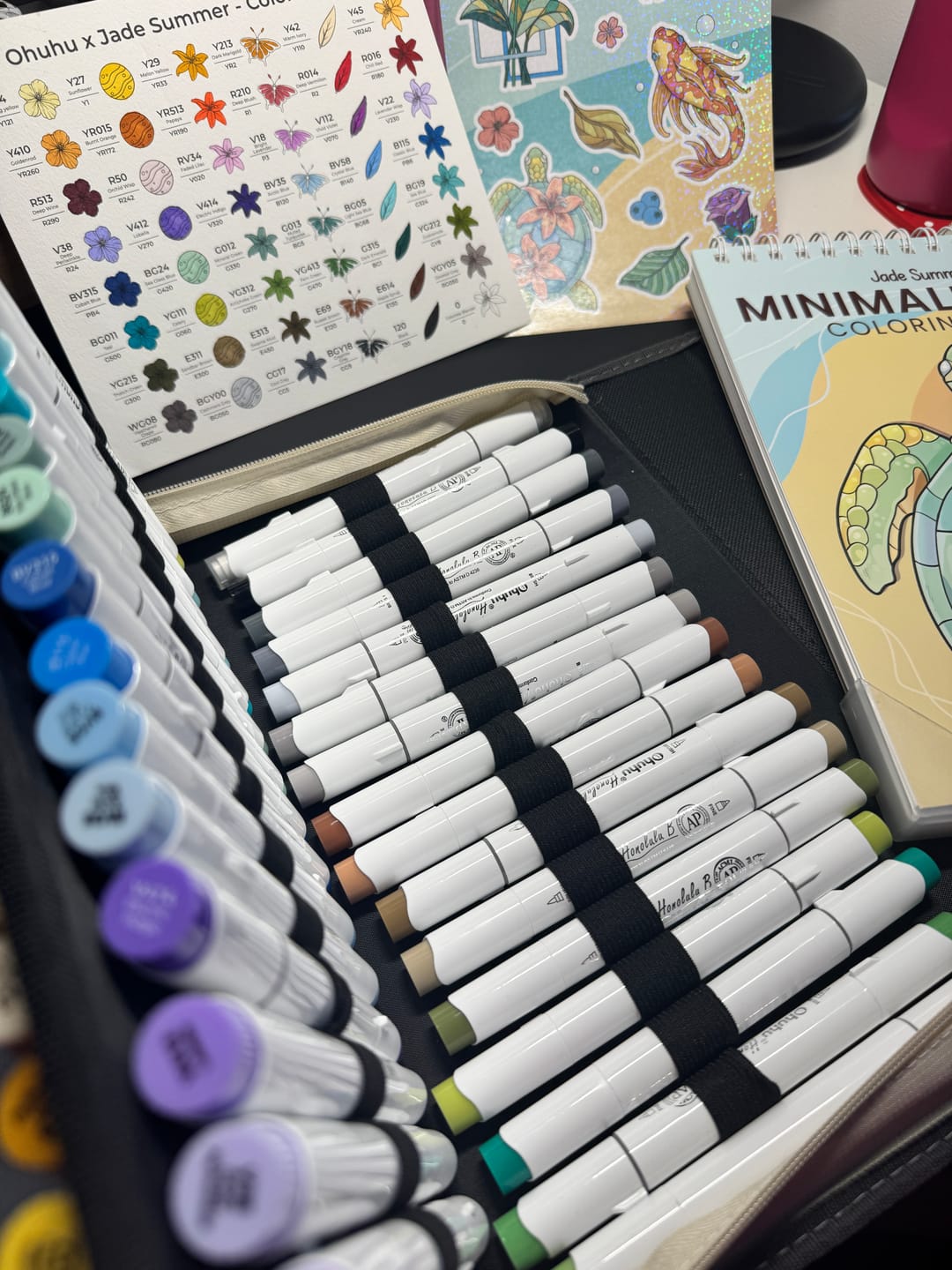 Customer photo review of Ohuhu x Jade Summer Alcohol Markers & Coloring Book Set, 47 Colors + 1 Colorless Blender, Honolulu B, Brush & Fine Dual Tips