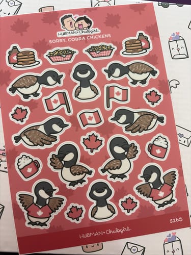 Customer's Sorry, Cobra Chickens sticker sheet with various goose, Canadian flag, and food illustrations.