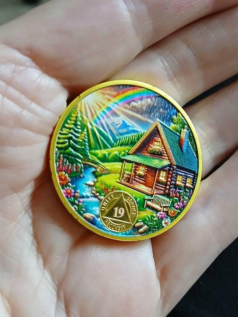 Customer photo review of Serenity Prayer Recovery Coin Cabin Design with Unity Sobriety Challenge Coin