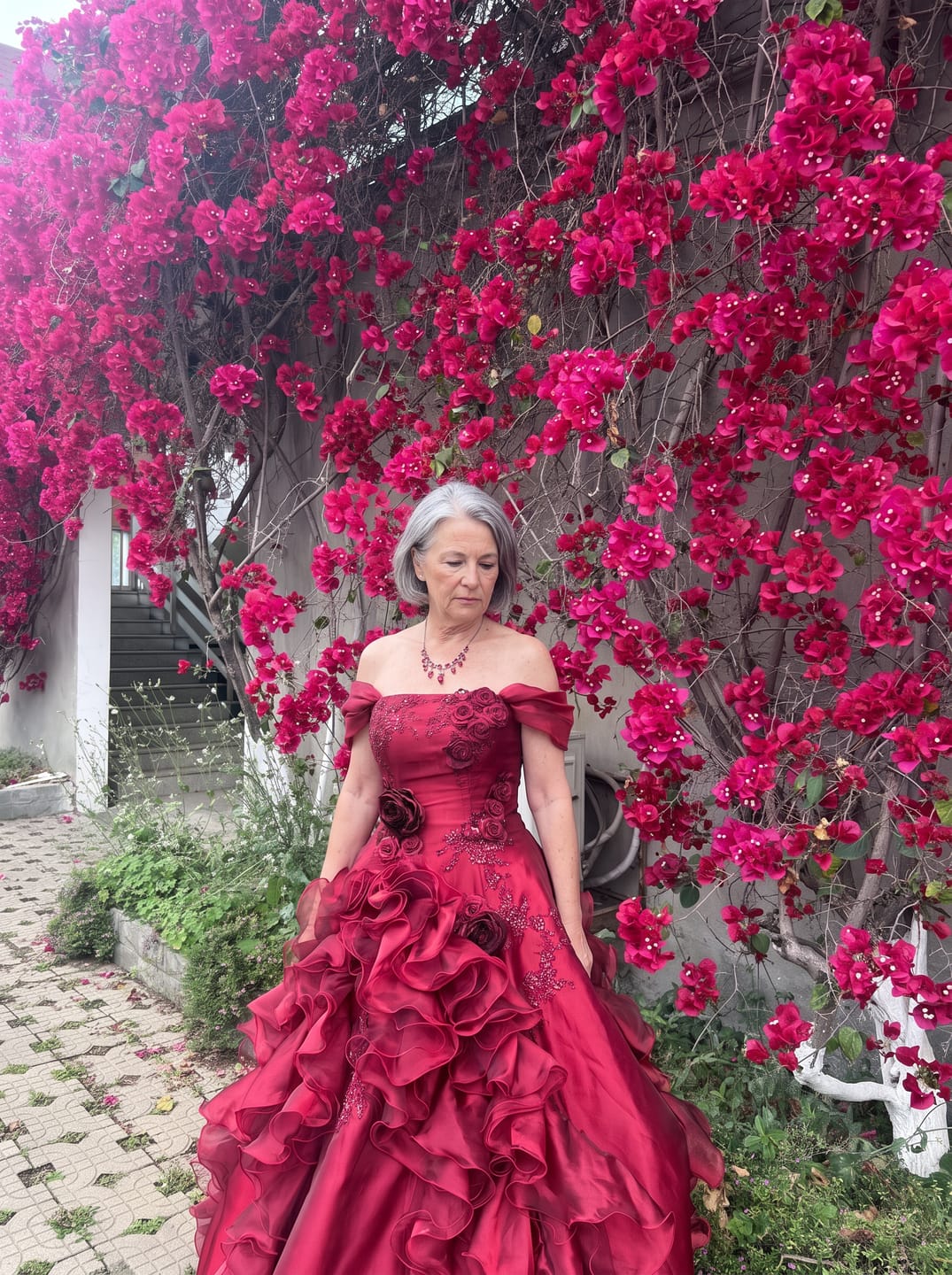 Customer photo review of Burgundy Strapless Layered Ruffle Dress with Floral Appliqué – Floral Evening Dress with Corset Back Plus Size