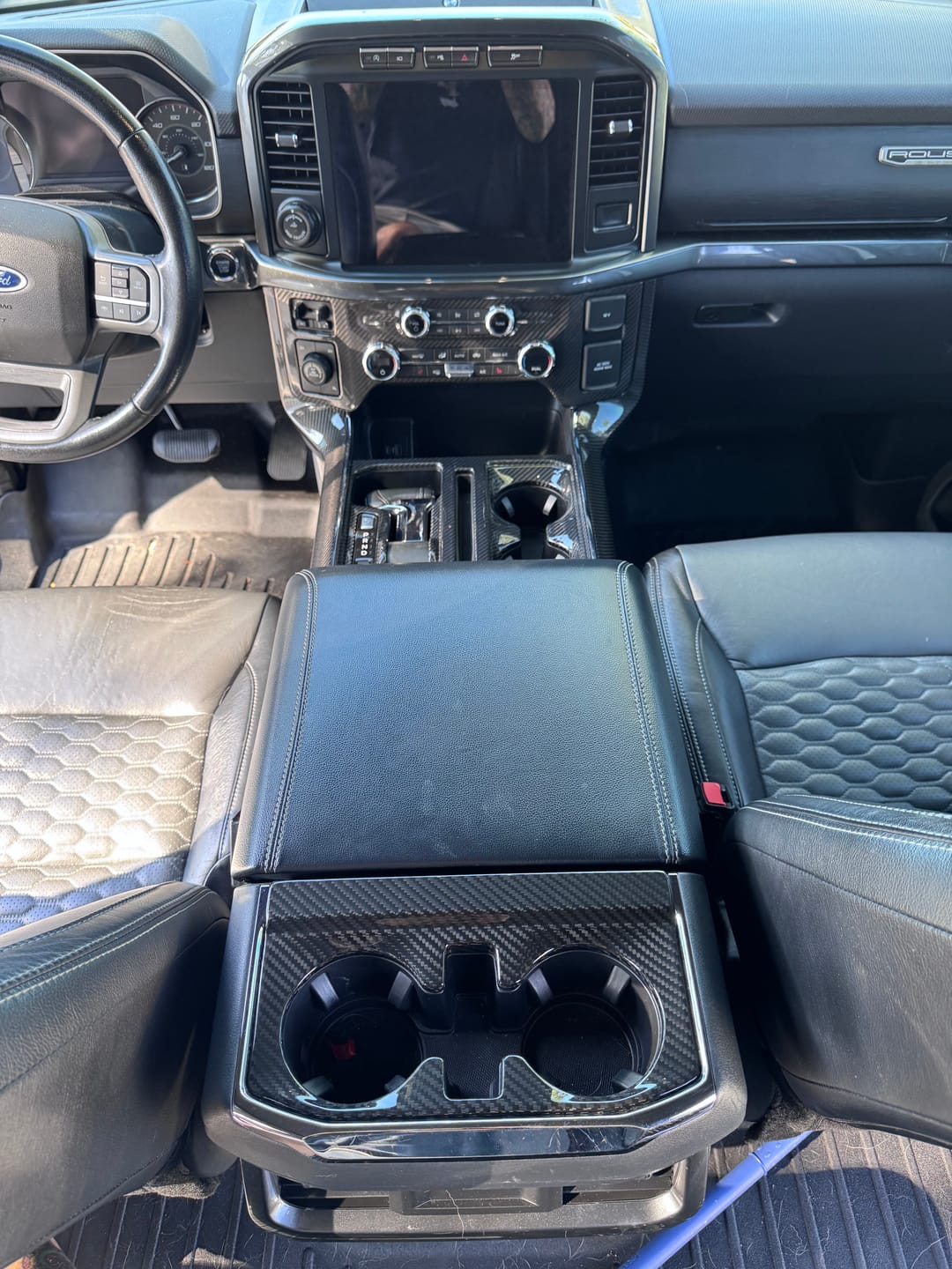 Customer photo review of Real Carbon Fiber Rear Center Console Cup Holder Trim Bezel for 2021-2024 Ford F-150
