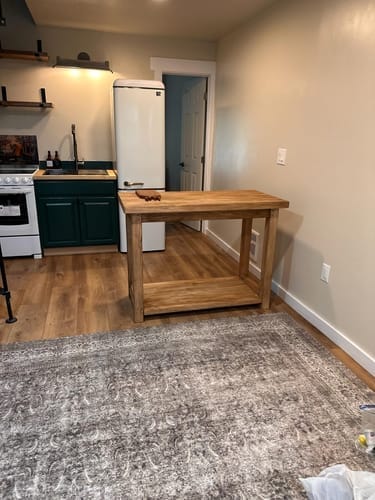 Customer photo review of Freestanding Solid Wood Kitchen Island, Rustic Farmhouse Prep Table with Storage Shelf, Brown