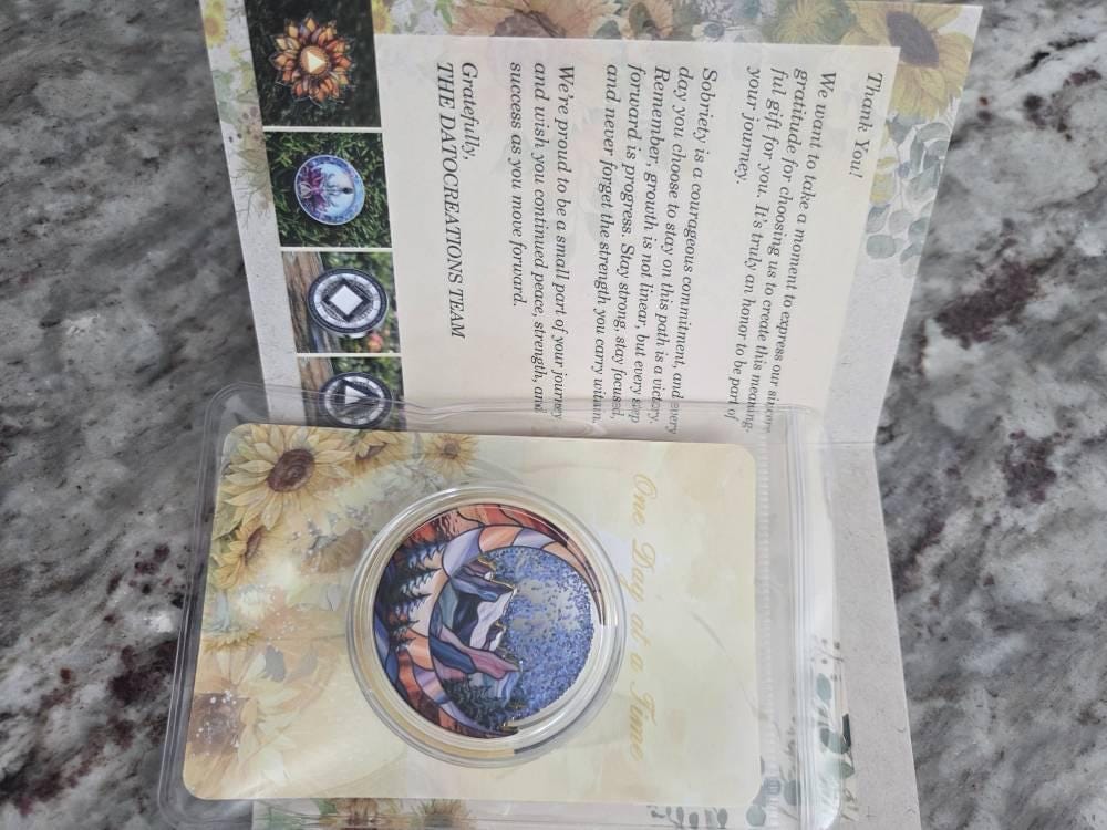 Customer photo review of Personalized Mountain & Moon Flow Sand NA Recovery Coin – Personalize Any Day, Month or Year