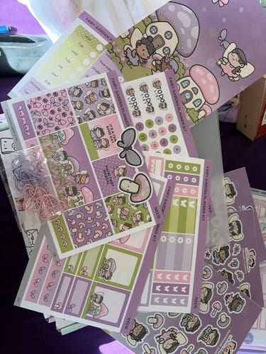 Customer's Planner Subscription kit featuring Fairy Garden themed planner stickers, die-cut sheets, and stationery items.