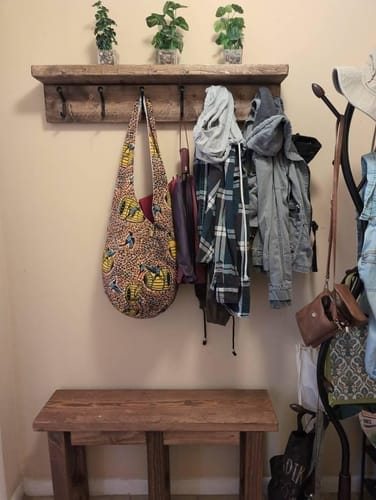 Customer photo review of Wall-Mounted Solid Wood Coat Rack with Shelf, Rustic Iron Hooks for Entryway, Reclaimed Brown