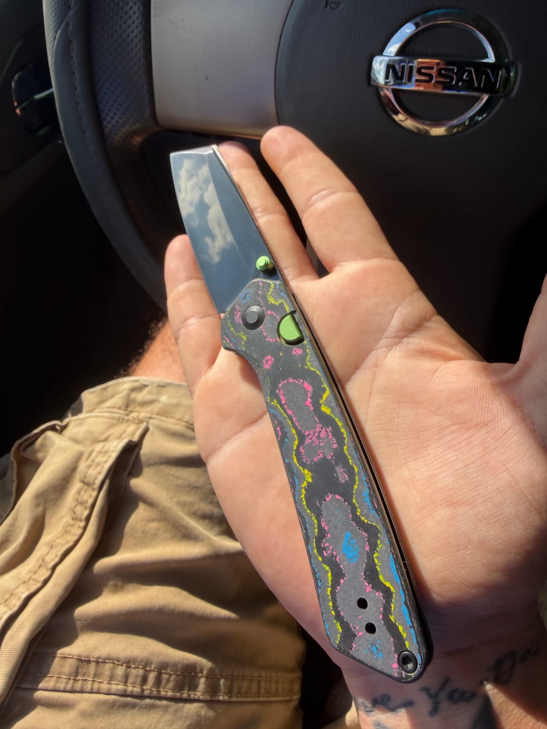 Customer photo review of Kizer Madrac Button Liner Lock Camo Carbon Mirror DLC S45VN BLADE DISTRICT EXCLUSIVE