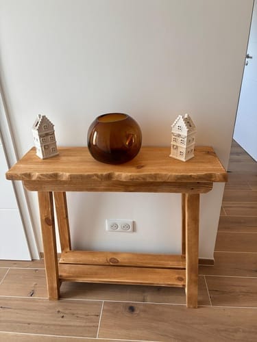 Customer photo review of Narrow Sofa Console Table with Lower Shelf — A-Frame Solid Wood Hallway & Entryway Table, Oak