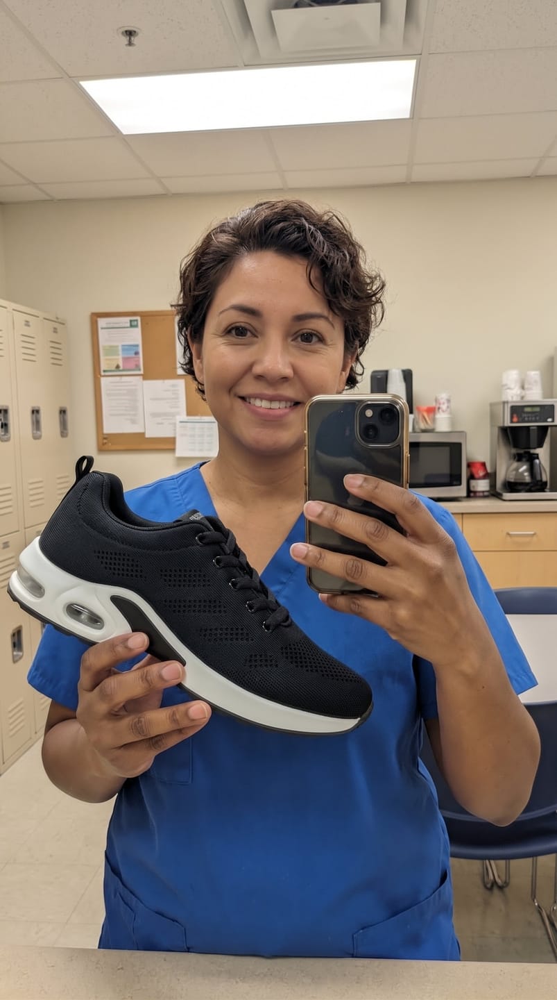 Customer photo review of Norvan 12-Hour Shift Shoes for All-Day Foot, Knee & Back Pain Relief