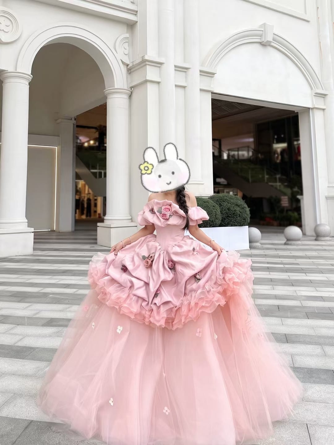 Customer photo review of Pink Evening Dress with Off the Shoulder Ruffle Ball Gown and 3D Floral Appliqué Plus Size